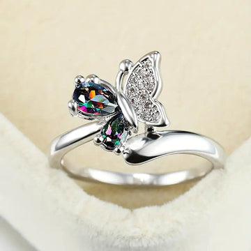 Silver Butterfly Mystic Teardrop CZ Finger Ring Band