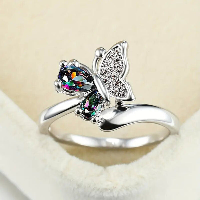 Silver Butterfly Mystic Teardrop CZ Finger Ring Band