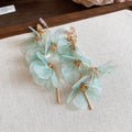 Sheer Flower Dangle Clip Earrings in Purple or Mint Green view 7