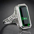Silver Green Rectangle Filigree Cocktail Ring Sizes 6-10 view 1