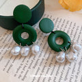 Green Wood Ring and Faux Pearl Fringe Drop Earrings view 4