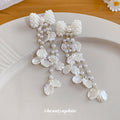 White Beaded Bow Extra Long Floral Tassel Stud Earrings view 2