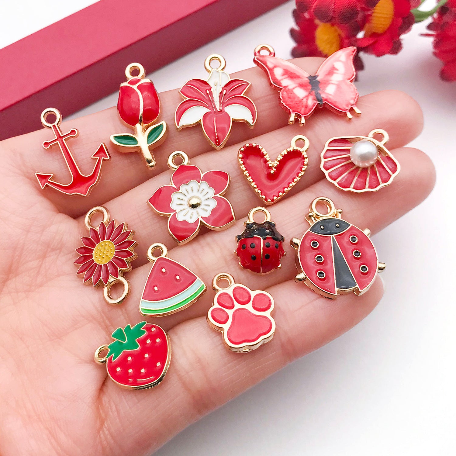 Acrylic Red Enamel Heart Butterfly Rose Flower Charm Pendant for DIY Bracelet Necklace Making