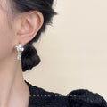 Silver Camellia Pearl Square Crystal Drop Stud Earrings view 2
