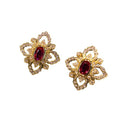 Gold Tone Open Flower Red Center Clear Pavé Stud Earrings view 5