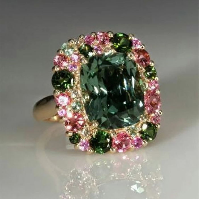 Olive Green Rectangular Statement Ring With Multicolor Halo