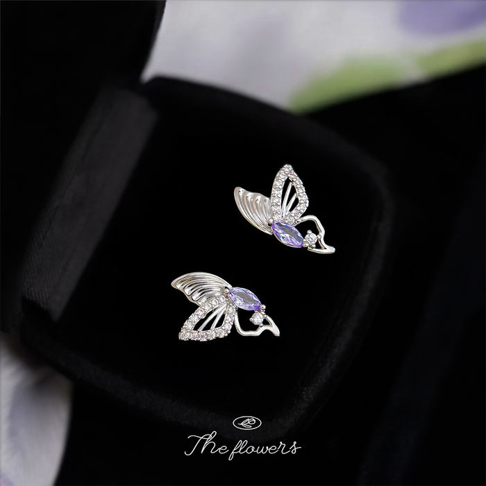 Silver-Tone Butterfly Purple Marquise Clear Stone Stud Earrings