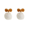 Caramel Enamel Bow White Fluffy Pom Ball Stud Earrings view 5