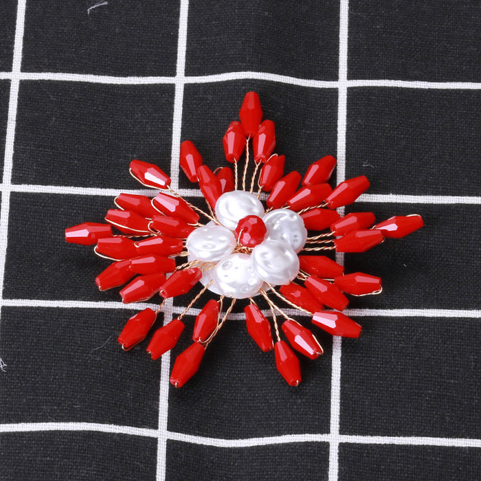 Red Beaded Flower Burst Brooch With White Pearl Center