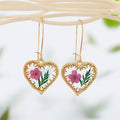 Gold Tone Pressed Flower Heart Drop Earrings with Long Hooks view 3