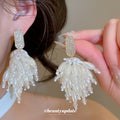 White Pearl Cluster Long Tassel Statement Earrings view 1