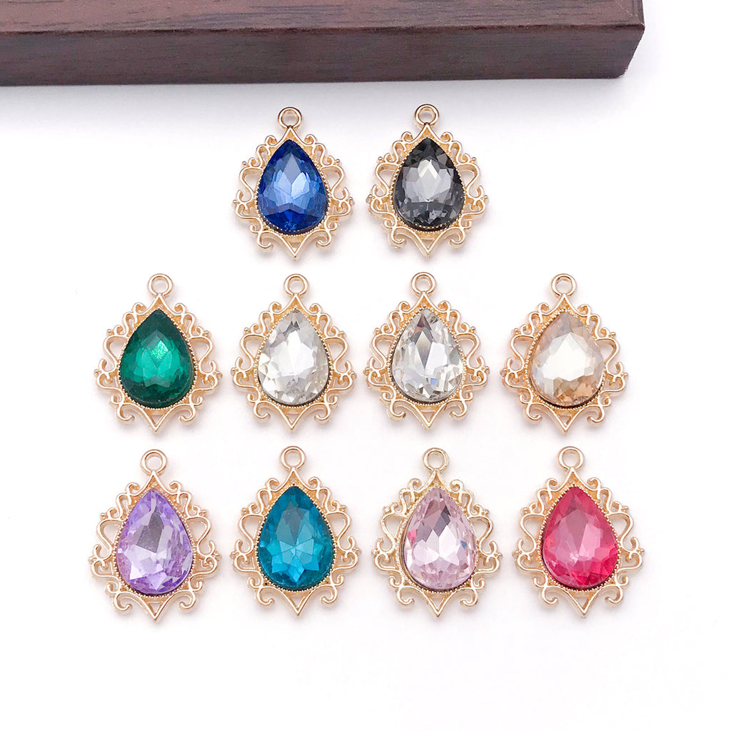 Glass Rhinestone Teardrop Charm Pendant with Lace Edge for DIY Earrings Necklace