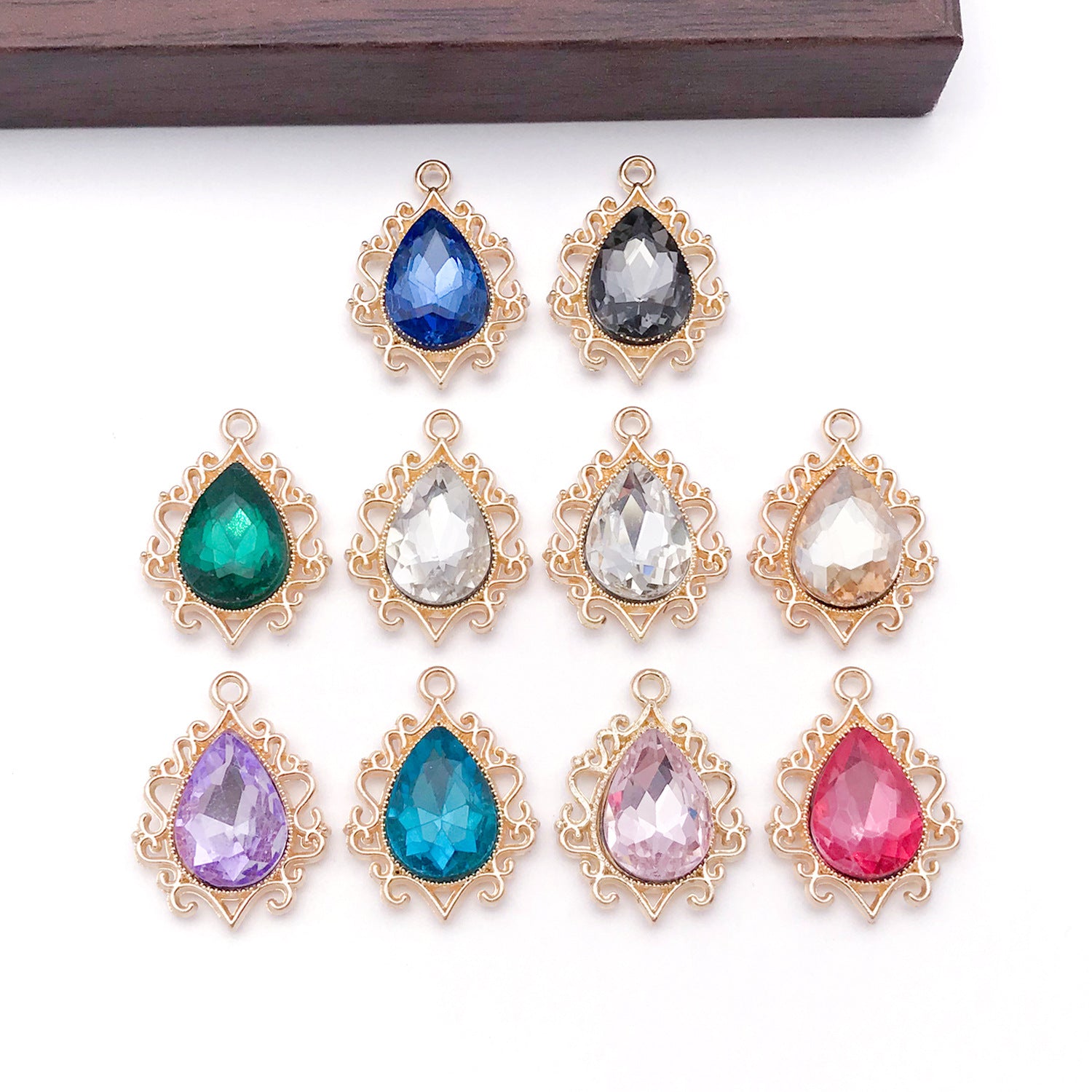 Glass Rhinestone Teardrop Charm Pendant with Lace Edge for DIY Earrings Necklace