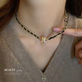 Gold Tone Black Leather Weave Chain Necklace Rhinestone Ball Clasp view 3