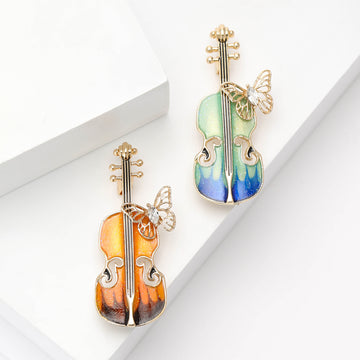 Enamel Violin Brooch with Butterfly Green and Orange