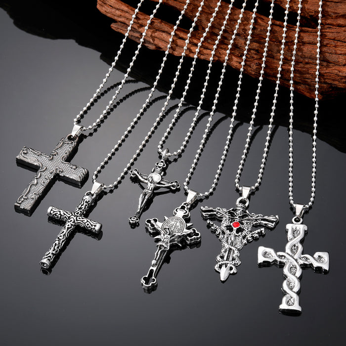 Antique Silver Tone Ornate Cross Ball Chain Pendant Necklaces