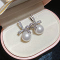 Crystal Bow Pearl Drop Stud Earrings Statement Jewelry view 6