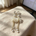 White Petal Cluster Pearl Look Long Tassel Stud Earrings view 6