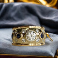 Gold Tone Wide Band Round Crystal Blue Side Stone Ring 6-10 view 3