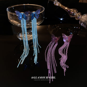 Blue Iridescent Butterfly Long Chain Tassel Earrings