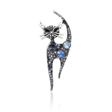 Vintage Rhinestone Long Tail Cat Brooch Three Colors