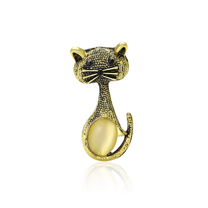 Antique Gold Cat Brooch with Golden Cabochon Belly