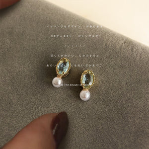 Gold-Tone Pale Green Oval and White Pearl Drop Stud Earrings