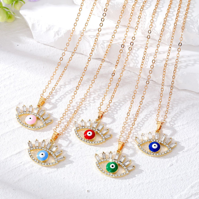 Gold Tone Crystal Lash Enamel Evil Eye Pendant Necklaces in Five Colors