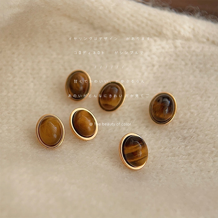 Gold Bezel Oval Tiger Eye Cabochon Stud Earrings Pair