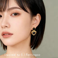 Gold Tiger Eye Stud Ribbed Heart Black Stone Drop Earrings view 2