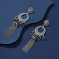 Antique Gold Open Hoop Coin and Long Chain Fringe Earrings view 3