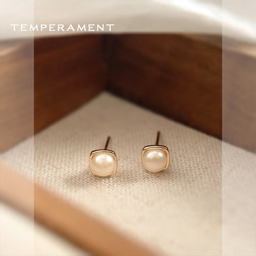 Mini Square Gold Tone Frame Cream Pearl Stud Earrings