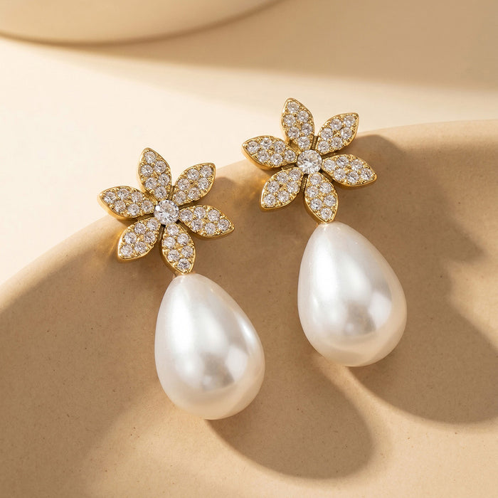 Gold Pave Flower Stud Teardrop Pearl Drop Earrings