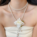 White Beaded Double Strand Necklace with Fabric Rose and Pearl Drops view 3