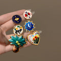 Gold Tone Asymmetric Enamel Drop Earrings With Colorful Motifs view 3