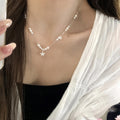Silver Tone Pearl and Star Layered Pendant Necklace view 3