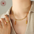 Gold Geometric Link Necklace With Dual Text Bar Pendants view 3