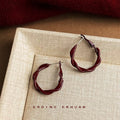 Wine Red Enamel Twisted Rope Hoop Earrings Oval Shape view 4