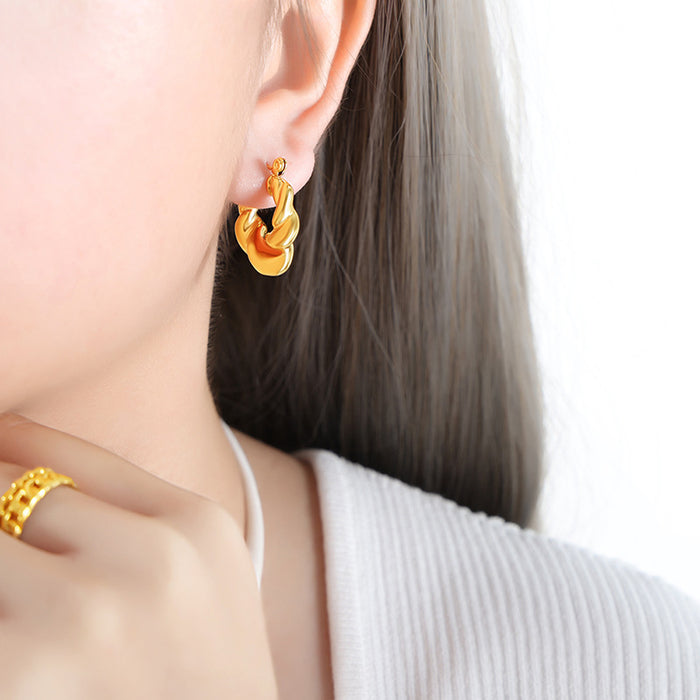 Twisted Link Ribbed Hoop Earrings Gold and Steel Tones
