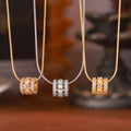 Pave Barrel Bead Pendant Necklace Snake Chain Gold Steel view 2