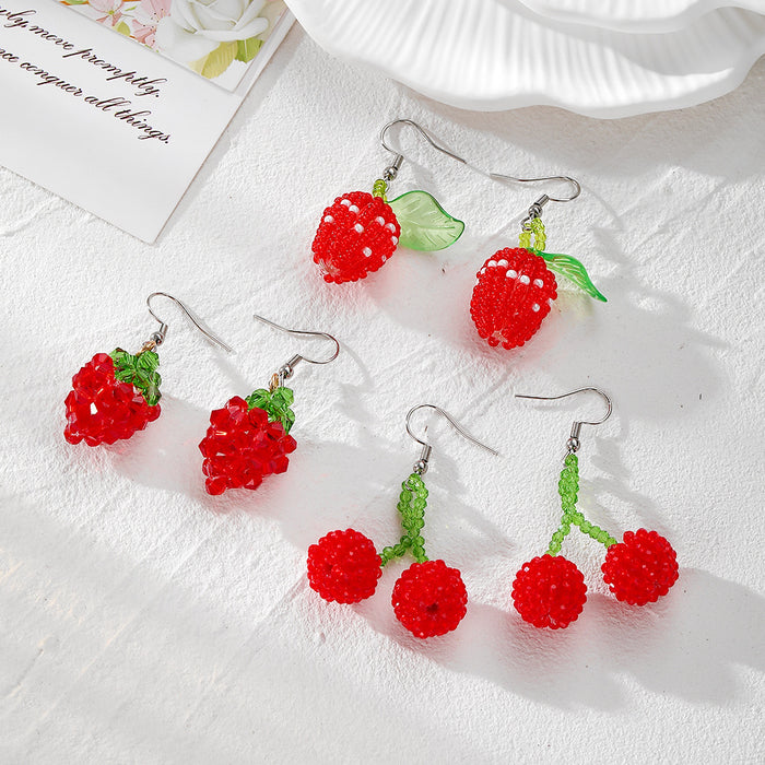 Red Beaded Fruit Drop Earrings Cherry Raspberry Strawberry