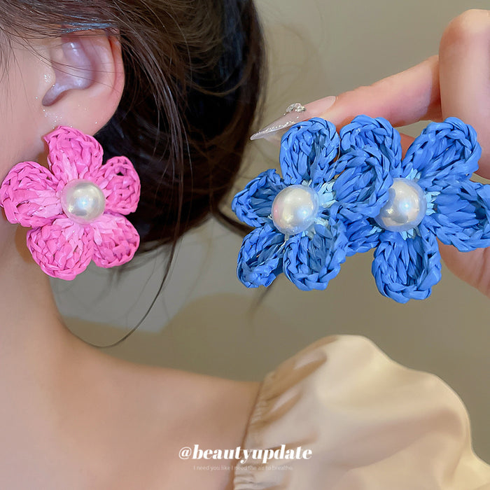 Woven Floral Stud Earrings With Pearl-Look Centers