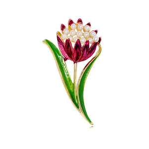Enamel Tulip Brooch with Pearl Look Beads, 5.2 cm Gold Tone Flower Pin