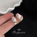 Pink Gradient Tulip Bud Stud Earrings Gold Stem Mint Leaves view 4