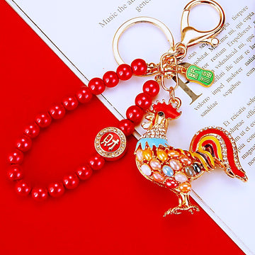 Chinese Zodiac Animal Keychains with Red Bead Fortune Loops