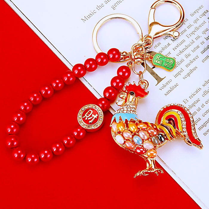 Chinese Zodiac Animal Keychains with Red Bead Fortune Loops