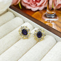 Gold Purple Oval Gem Crystal Filigree Stud Earrings view 3