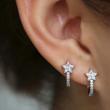 Silver Tone Crystal Star Huggie Hoop Earrings Pair