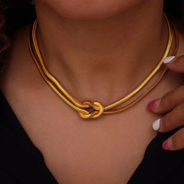 Gold Steel Knotted Double Snake Chain Necklace Bracelet Set