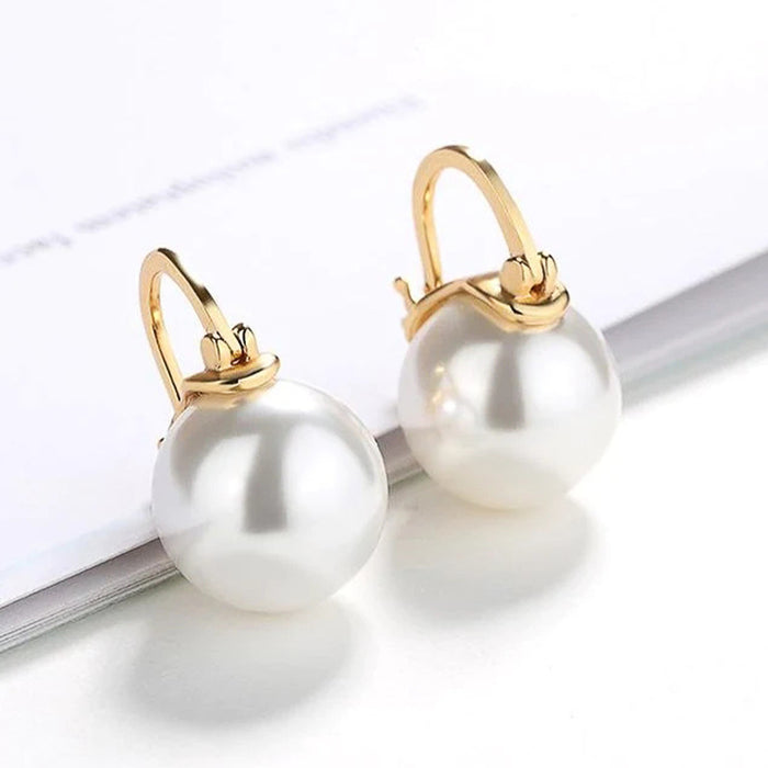 Gold Leverback Round Pearl Drop Earrings White Pearl